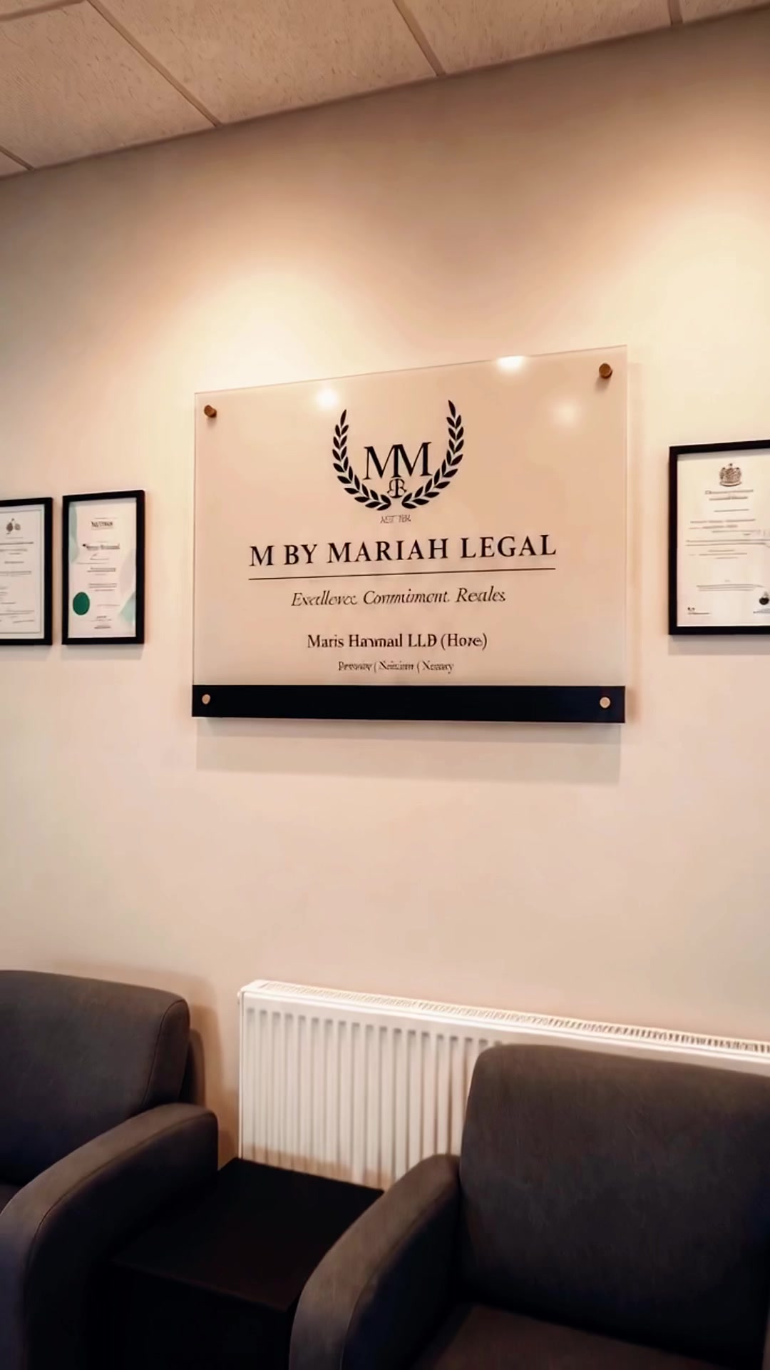 M by Mariah Legal reception wall with legal certificates
